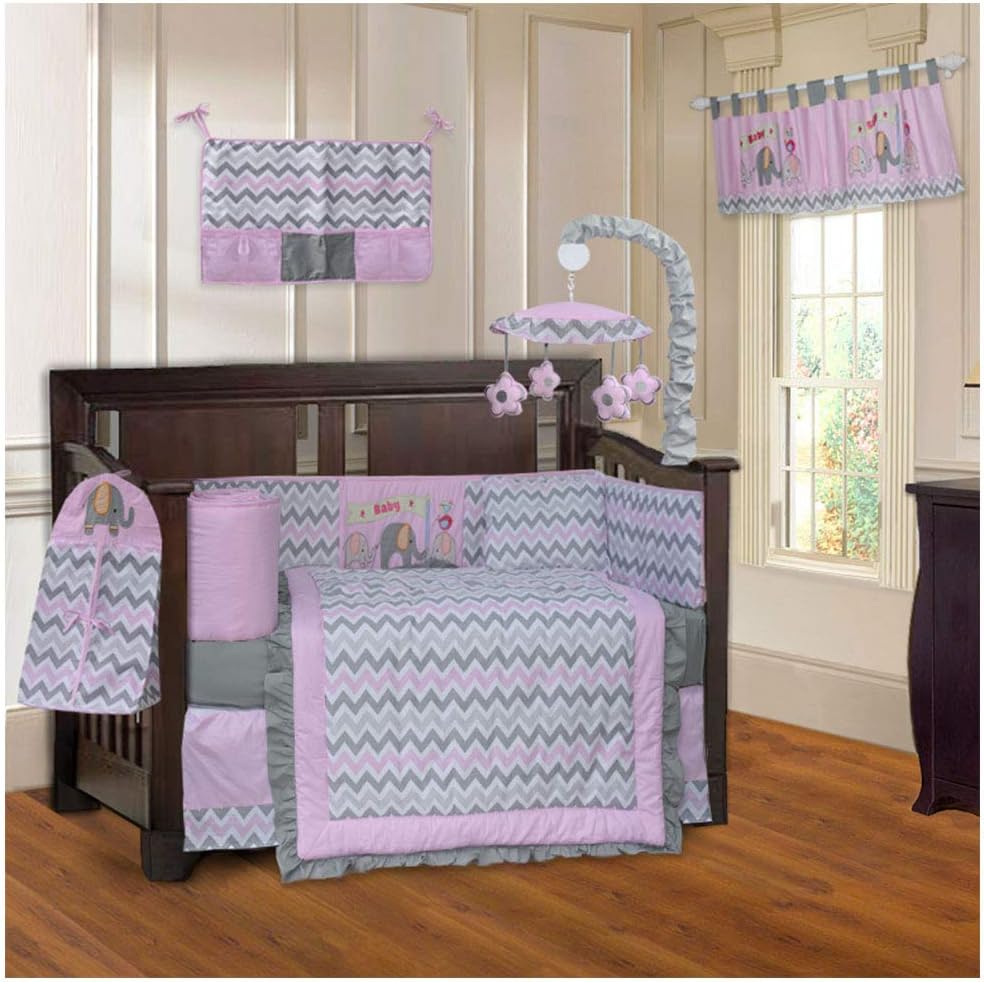 BabyFad Elephant Chevron Pink 10 Piece Baby Crib Bedding Set