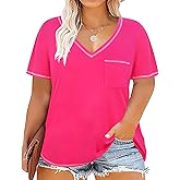TIYOMI Plus Size T Shirt for Women Tunic Tops Plain Solid Color V Neck Spring Summer Short-Sleeve T Shirts Casual Work