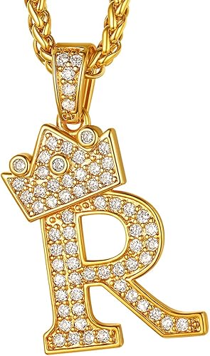 Amazon Suplight 18金 イニシャル ペンダント ゴールド メンズ アルファベット R ネックレス ジルコニア 王冠 ヒップホップ アクセサリー ネックレス 通販