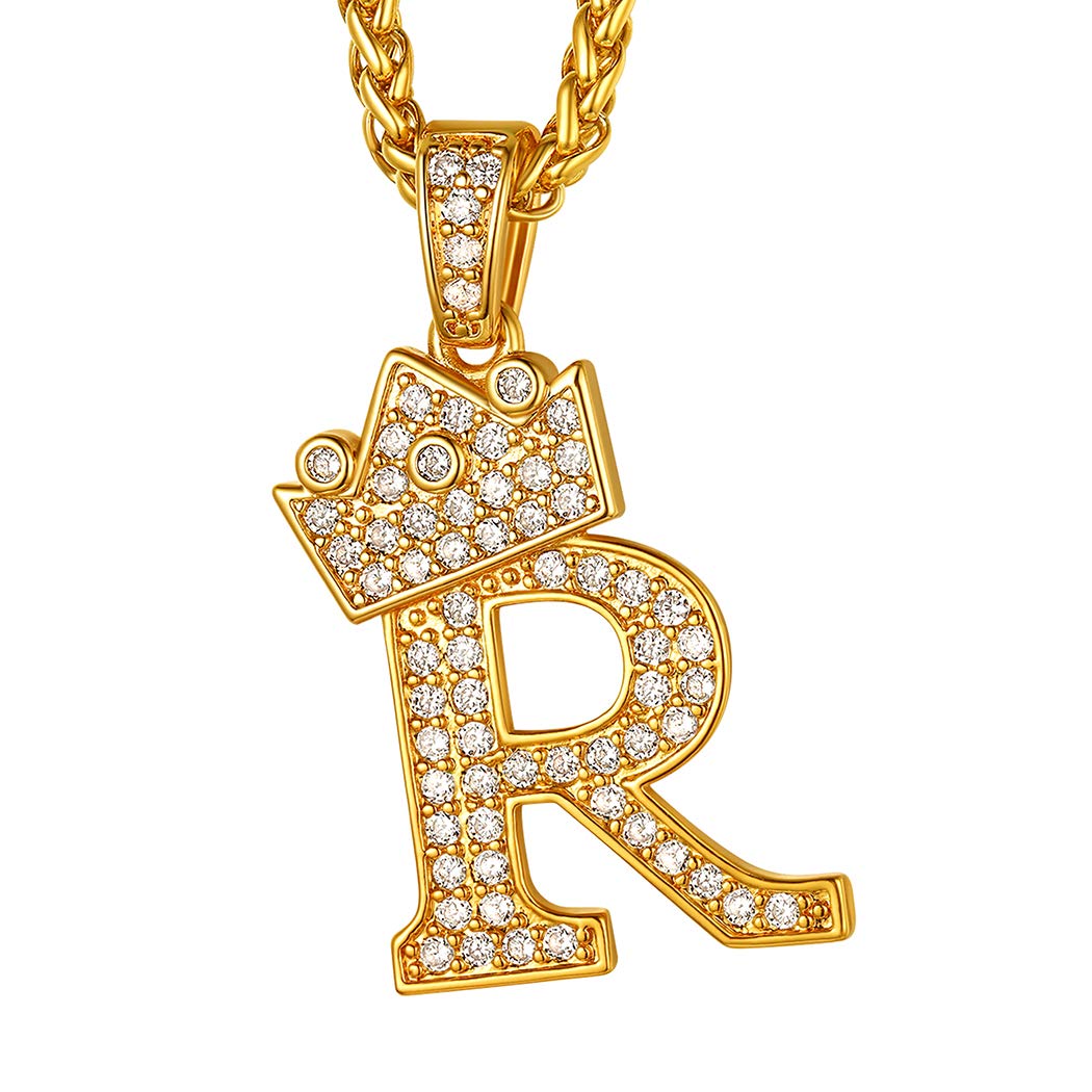 Suplight Tennis Letter r Necklace for Women/Men, Boyfriend Gifts Hip Hop, Cubic Zirconia CZ Pave Monogram Initial Necklace 22 inch Chain, Big Gold Plated King Crown Pendant Rapper Chain Necklace — image 1
