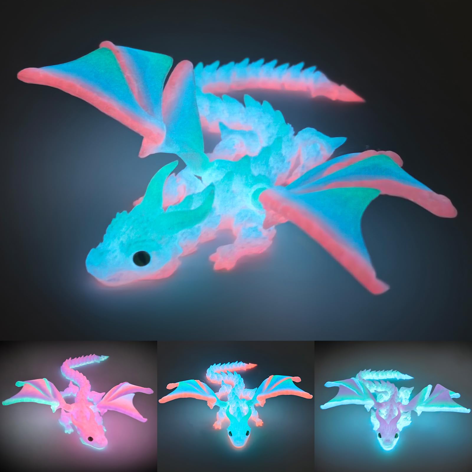3D Printed Dragon with Wings, 3D Printed Animals Toys, 3D Printed Fidget Toys, Glow in The Dark Flexible Articulated Winged Crystal Dragon Model, Desktop Pet Decor, Easter Basket Stuffers