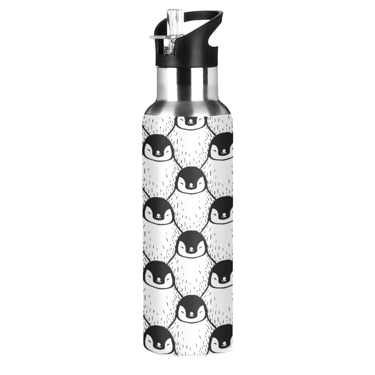 ALAZA Stainless Steel Water Bottle with Straw, Cute Penguin Print Insulated Drink Flask Sports Water Bottle for Kids Adults, Leakproof, 600ml
