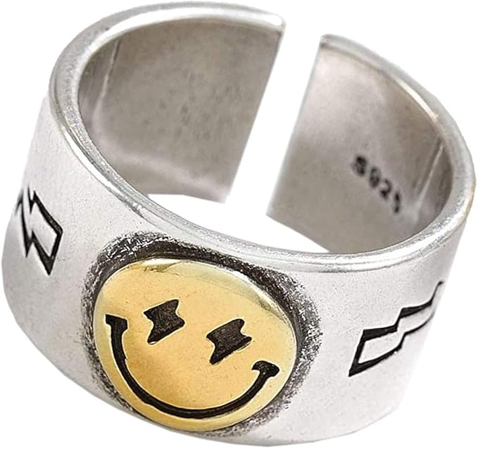 Sterling Silver Smiley Face Ring Open Adjustable Smile Band Ring Cute Wide Chunky Adjustable