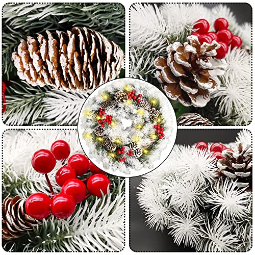 16 Inch Christmas Wreath, Lighted Christmas Wreath for Front Door with 40 Warm Lights Battery Operated, Snowflake White Christmas Wreath with Pine Cone Red Berry for Xmas Decorations Indoor Outdoor