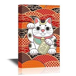 Japanese Culture Canvas Wall Art - Traditional Japanese Fortune Cat with Japanese Style Patterns - Gallery Wrap Modern Home Art | Ready to Hang - 12x18 inches