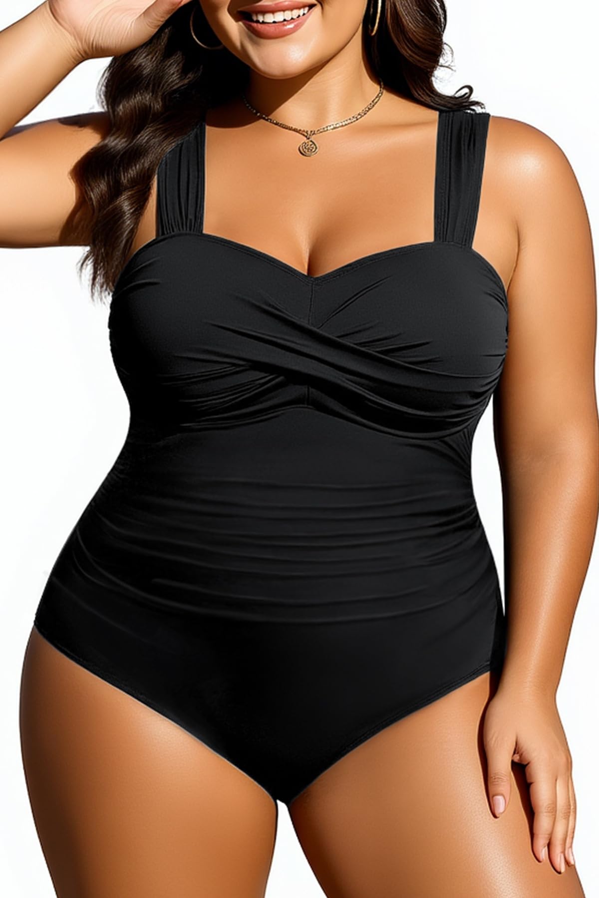Photo 1 of Yonique Plus Size One Piece Swimsuit for Women Tummy Control Bathing Suit Ruched Swimwear Black 18W