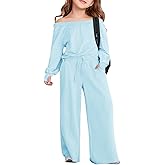 Haloumoning Girls Casual Jumpsuits Long Sleeve Off the Shoulder Wide Leg Loose Rompers with Pockets 5-14 Years