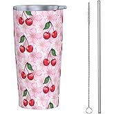 Dujiea 20oz Tumbler With Lid And Straw, Cherry Berry Flower Vacuum Insulated Iced Coffee Mug Reusable Travel Cup Stainless Steel Water Bottle