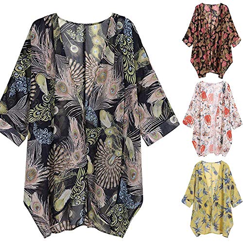 Womens Casual Floral Print Long Sleeve Chiffon Cardigan Loose Kimono Cover Up Tops