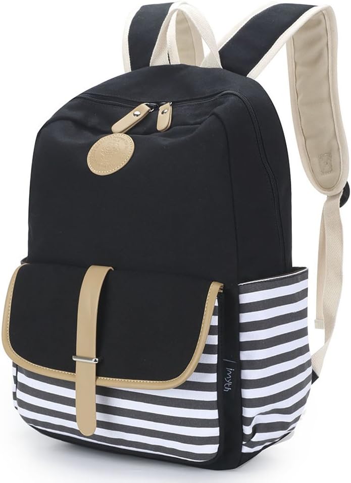 Causal School Backpack for Girls with Stripe Lightweight Daypack, Upgraded Cute Canvas Backpack for Women & Teen by Imyth