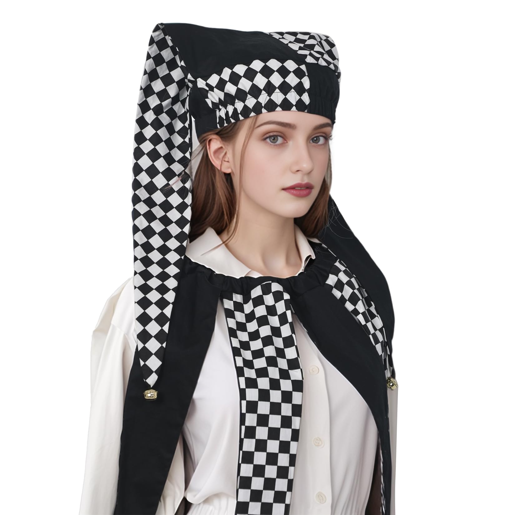 FAD-4U Jester Hat with Bells Black and White Harlequin Diamond Pattern for Halloween Christmas Costume Accessory Black and White