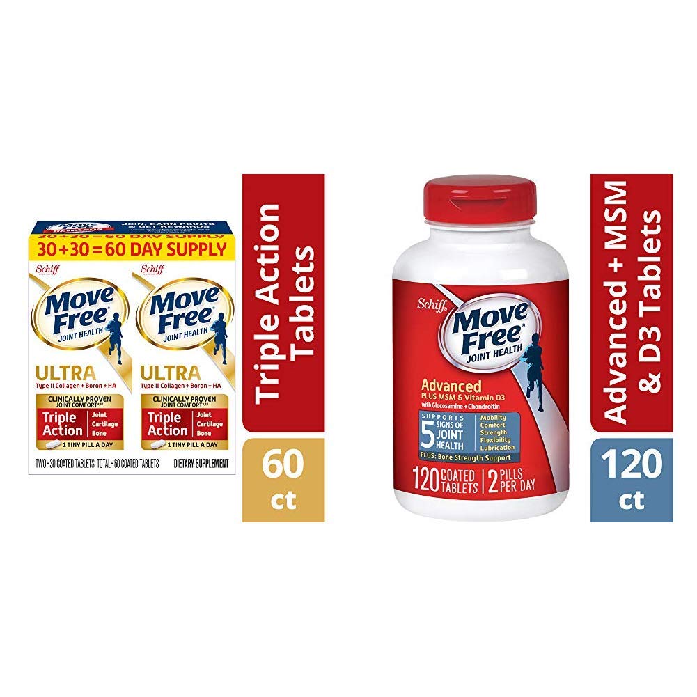 Move Free Type II Collagen, Boron & HA Ultra Triple Action Tablets(60), Joint Health Supplement and Glucosamine and Chondroitin Plus MSM & D3 Advanced Joint Health Supplement Tablets(120)