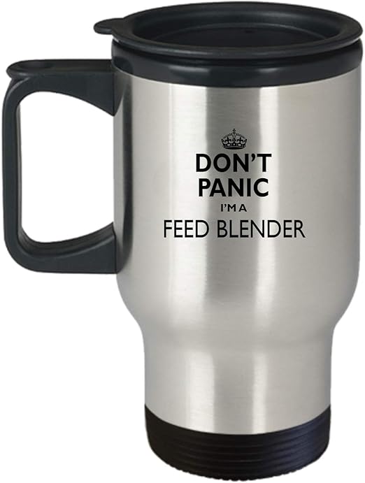 Amazon Com Feed Blender Travel Mug Aa83f Don T Panic Stainless Steel Insulated Coffee Novelty Tumbler With Lid And Handle Non Spill 14 Oz Kitchen Dining