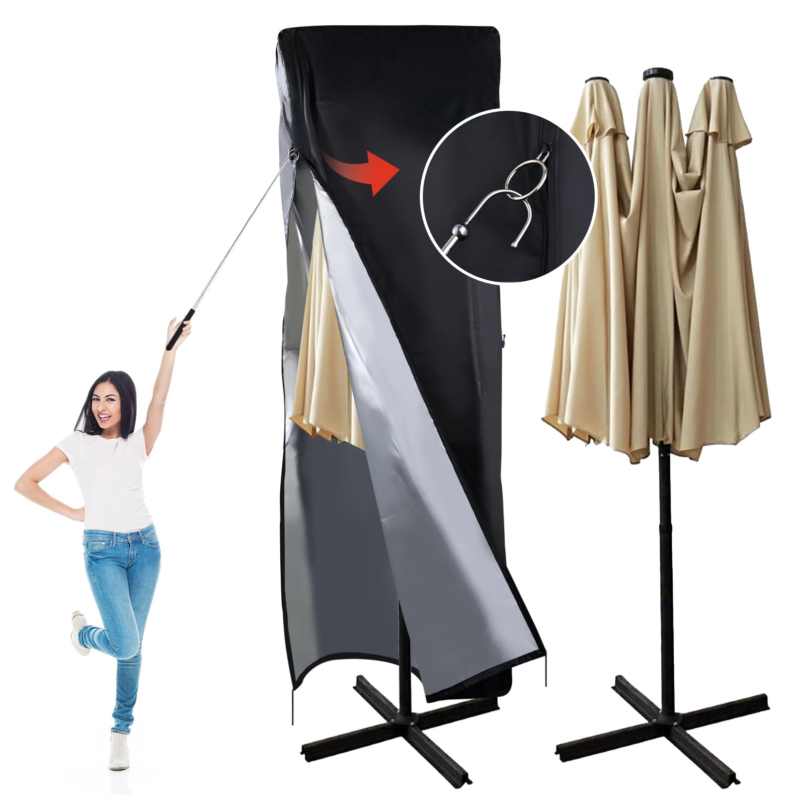 DOCEPERT Parasol Waterproof Outdoor Umbrella Cover, Fits 395-450 cm DIA Double Sided Large Garden Umbrella Cover Waterproof Zipper,Top Vent,Rod (180 X 70 X 70 cm)