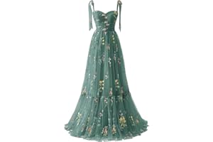Basgute Women's Flower Embroidery Tulle Prom Dresses Corset Long Spaghetti Strap Fairy Ruched Formal Evening Party Gown