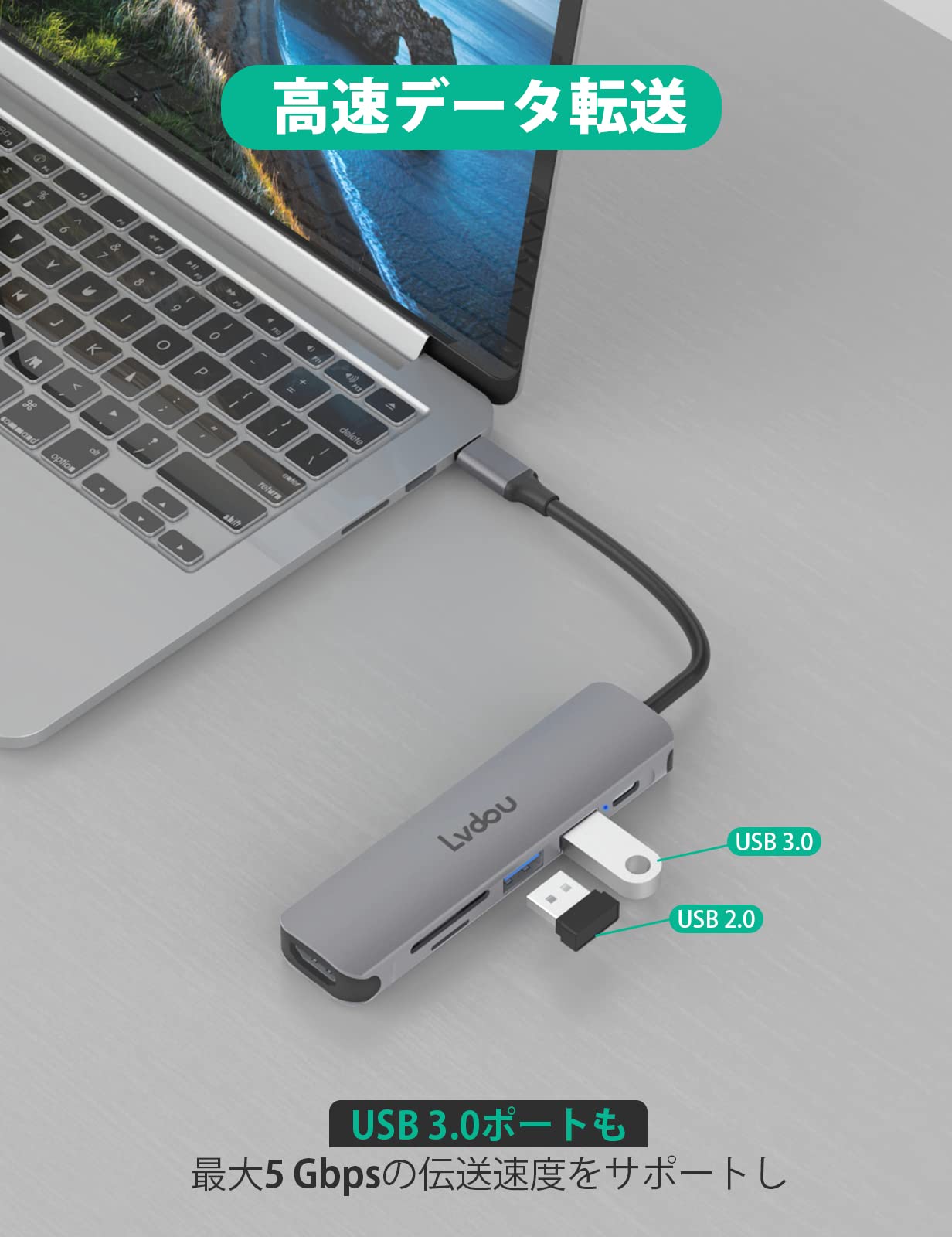 2025高機能版 USB C ハブ 6-in-1 Lvdou アダプタ｜100W PD充電対応・4K 60Hz HDMI・MicroSD/SDカードリーダー搭載｜MacBook Pro/Air, iPad Pro, iPhone 15/16, Surface Pro, Switch2/Switch, Galaxy Book, Chromebook対応 ノートPC/タブレット用