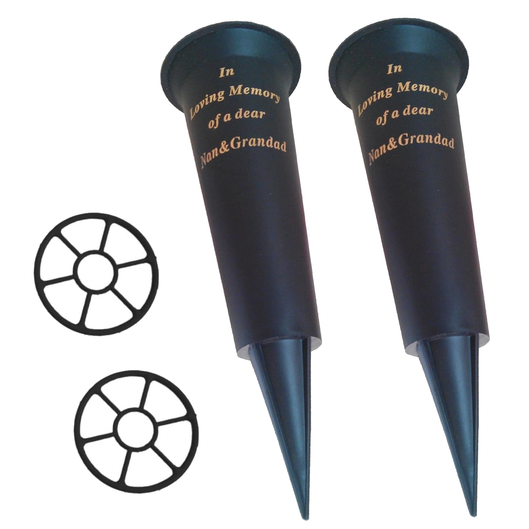 Set of 2 Black In Loving Memory Nan & Grandad Spiked Memorial Grave Flower Vases Graveside Memorial with flower holder inserts