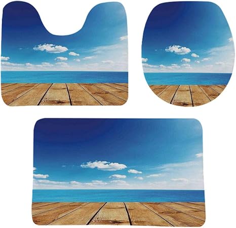 Amazon Co Jp 曇りの鮮やかな夏の空のビーチのテーマプリントの下の桟橋からの風景 浴室マット セット 足ふきマット 滑り止め 3点セット 海の景色 防音 ラグマット 洗える おしゃれ 50 80cm 青白茶色 ホーム キッチン