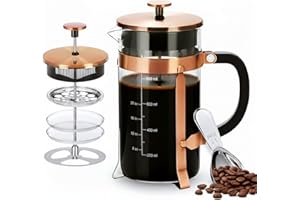 CHDEXU Stainless Steel French Press Coffee Maker 34oz, 1L Heat Resistant Thickened Borosilicate Glass Coffee Press with 4 Fil