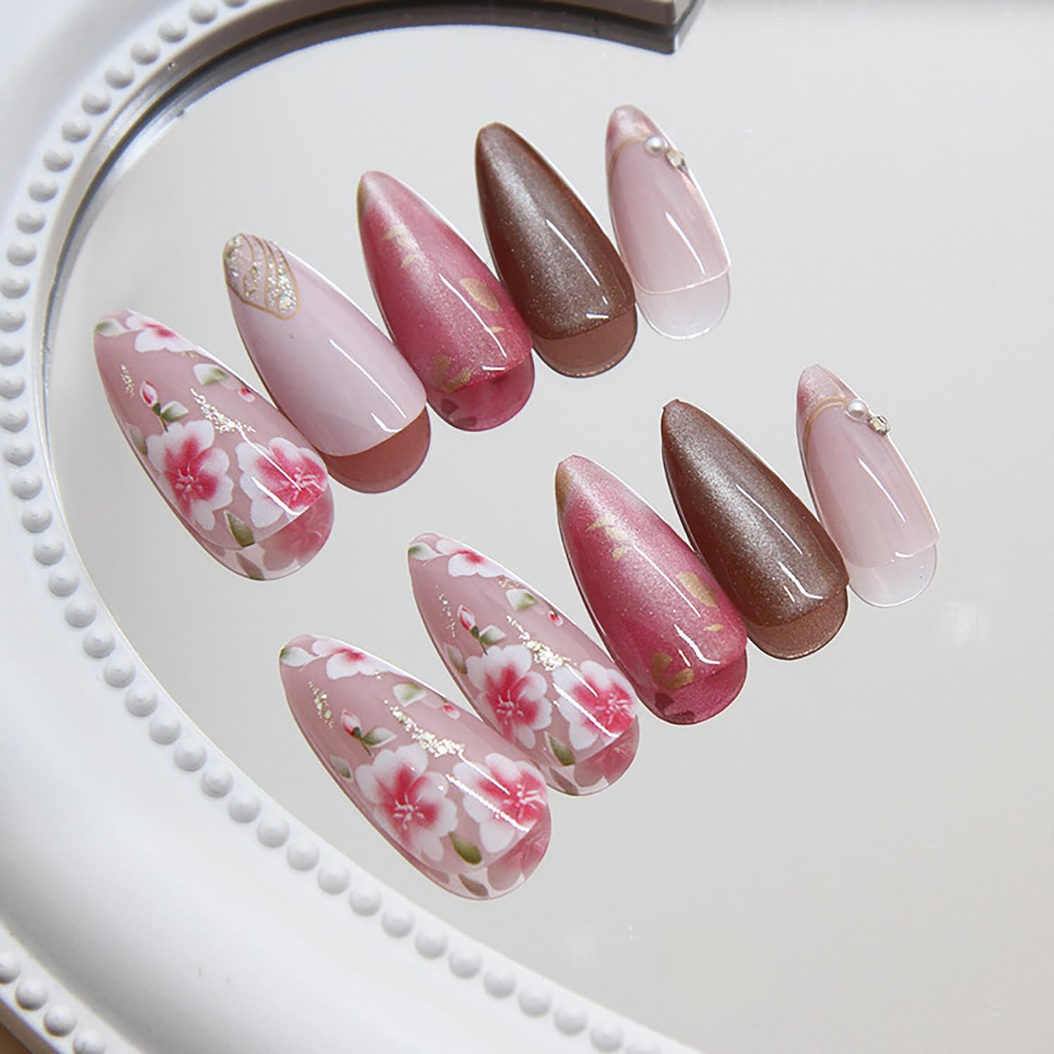 Press on Nails Medium Almond Shape-Glossy Full Cover Acrylic Pointed Rhinestone False Nails with Pink Floral Designs Artificial Fake Nails with Charms Glue ons Nails Stick on Fingernails for Women - Image 3