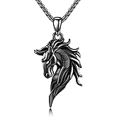 HUKKUN Black/White Horse Pendant Necklace 925 Stelring Silver Equestrian Horse Jewelry Gift for Men Stainless Steel Rolo Chain 22+2inches