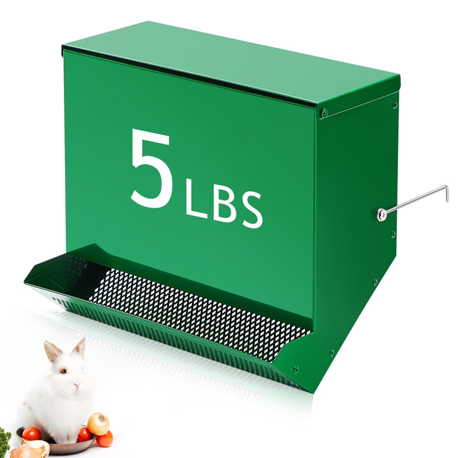 Photo 1 of Maxcheck No-Waste Metal Rabbit Feeder for Cages, Large Hanging Food Dispenser with Mesh Bottom & Lid, Holds 5lb Feed for Several Days, Bunny & Small Pets