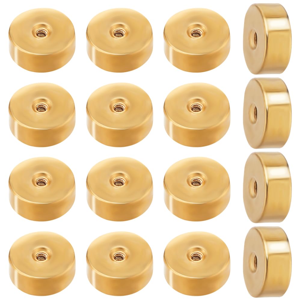 Beebeecraft 1 Box 50Pcs Screw Ball Backs 18K Gold Plated Stainless Steel Geometry Flat Round Replacement Earring Backs for Jewellery Earring Making Supplies (Hole: 1mm/18 Guage)