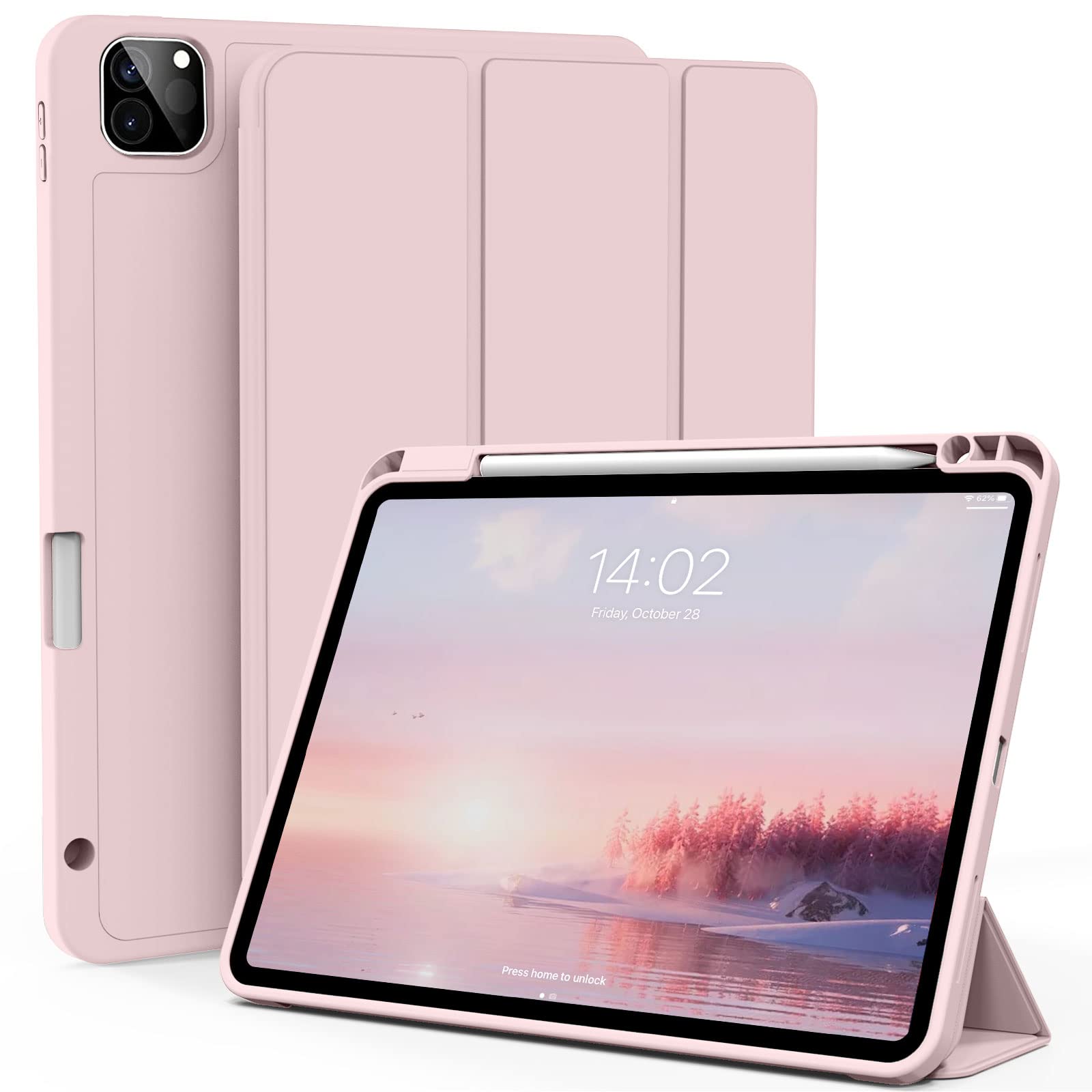 ZOYU Case for iPad Pro 11 Inch 4th/3rd/2nd Generation (2022/2021/2020), Slim Trifold Smart Case with Pencil Holder, Soft TPU Back Cover [Support 2nd Pencil Charging], Auto Sleep/Wake, Pink