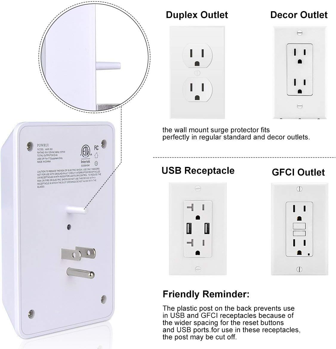 USB Wall Charger, Surge Protector, POWRUI USB Outlet with 2 USB Ports (2.4A Total) and Dusk-to-Dawn Sensor Night Light, 1080Joules, ETL Listed - White (2-Pack): Home Audio & Theater