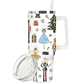 JarThenaAMCS Christmas Tumbler with Lid Straw 40 Oz Cartoon Nutcracker Stainless Steel Travel Tumbler Cup with Handle for Xmas Winter Iced Coffee Party Favor