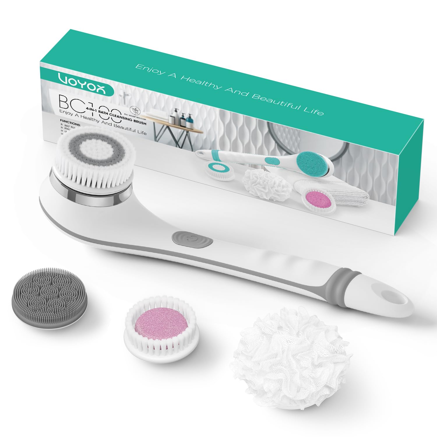 Photo 1 of VOYOR Electric Body Brush Back Scrubber for Shower Rechargeable Exfoliating Bath Brush Powered Shower Brush with Non-Slip Long Handle Deep Cleansing, Exfoliation, Massaging Spin Brush BC100 (Gery)