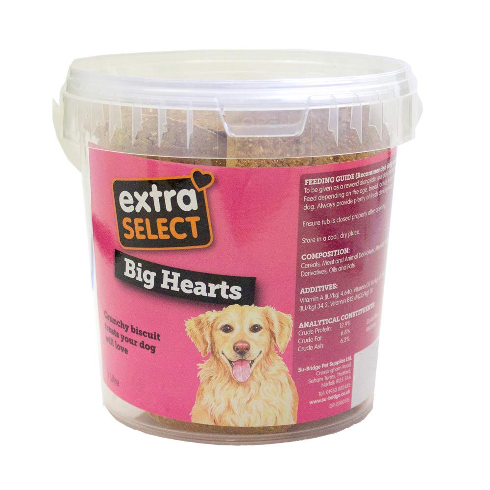 Extra Select Big Heart Shaped Dog Treat Biscuits in a 1ltr Bucket (approx 10 biscuits)