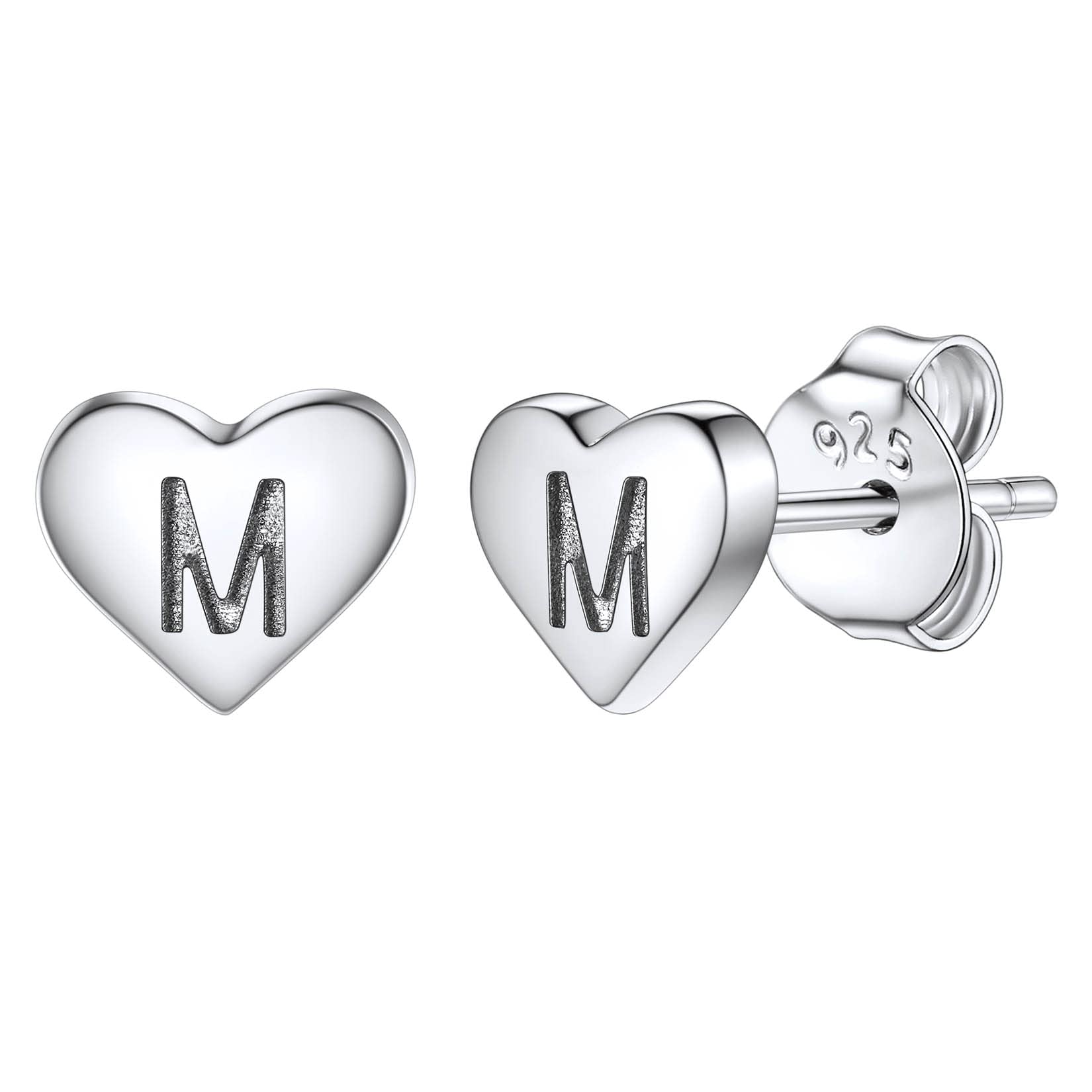 Studs Earrings for Women, S925 Sterling Silver Heart Initial Letter M Small Tiny Earrings for Girls Ladies Mum Daughter Sisters Friends Lover Hypoallergenic Silver Jewellery with Gift Box