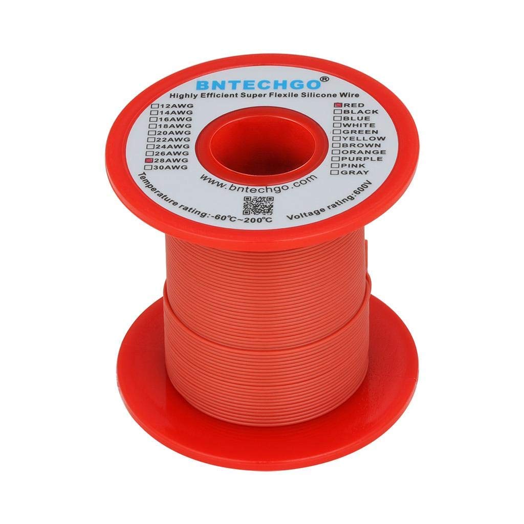 BNTECHGO 28 Gauge Silicone Wire Spool Red 250 ft Ultra Flexible High Temp 200 deg C 600V 28 AWG Silicone Rubber Wire 16 Strands of Tinned Copper Wire Stranded Wire for Model Low Impedance