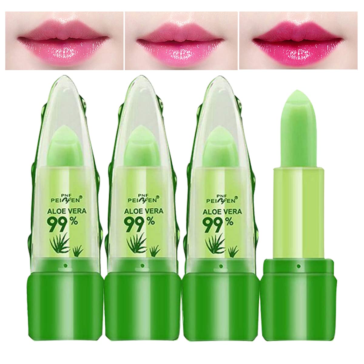 Skynest 3 Pack Aloe Vera Lip Balm, Moisturizing Lipstick Temperature Color Change Lip Gloss Long Lasting Nutritious Aloe Vera Lip Plumper Set (Green)