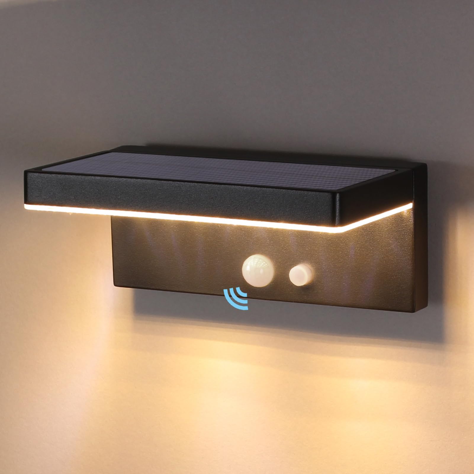 DAWALIGHT Solar Outdoor Wall Lights Motion Sensor, IP44 Waterproof Security Lights with 3 Mode Smart LED Wall Lamp Warm White Wall Sconce for House Front Door Fence Garden, Aluminum, Black