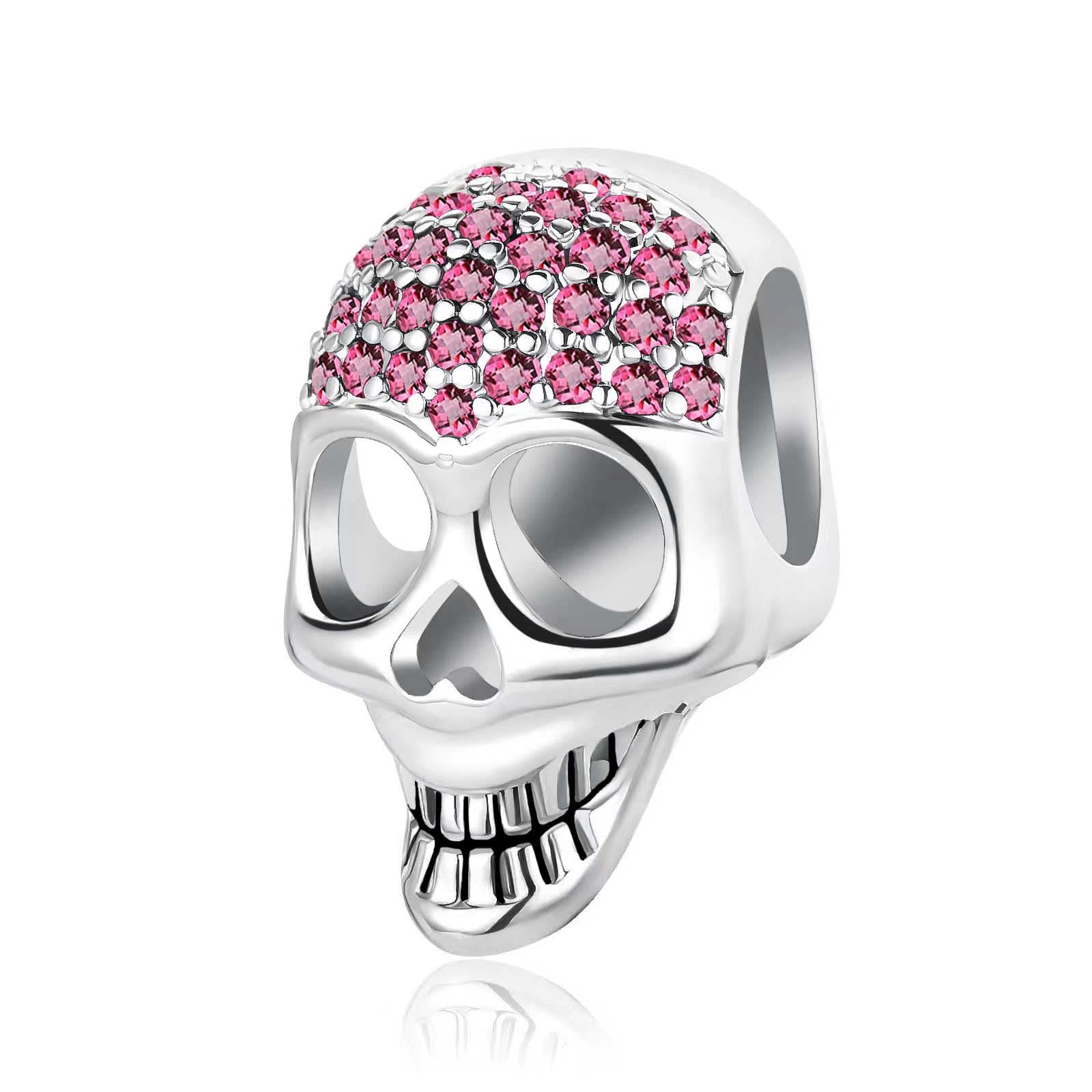 Sparkling October Pink Birthstone Skull Charms fit Pandora Charm Moments Bracelet Birthday Halloween Jewellery Gift for Women Daughter Sister Granddaughter