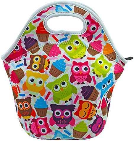 Neoprene Insulated Owl Lunch Bag Tote with Zipper, for Women, Girls, Kids, Large, Lunch Box for School, Work - By Wonkey Brothers (Owls & Cupcakes)