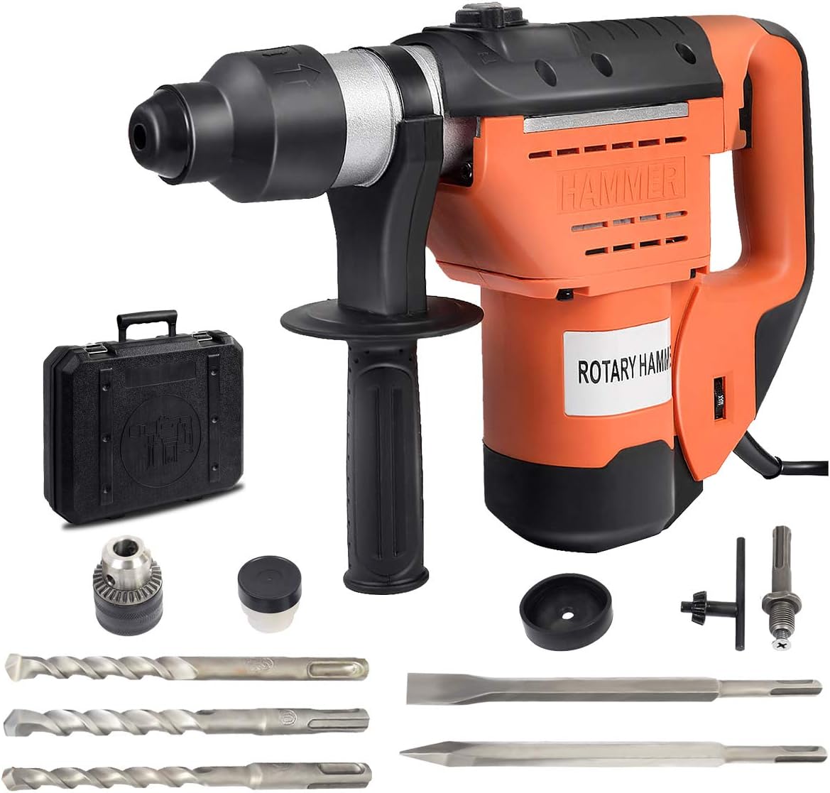 Goplus SDS Rotary Hammer, 1-1/2" Electric Rotary Hammer Drill with Vibration Control, 3 Drill Functions, Plus Demolition Bits, Includes 3 Drill Bits,Point and Flat Chisel with Case (Orange)