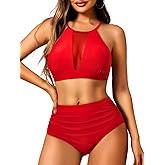EHSUYAB 2 Piece High Waisted Bikini Set for Women, High Neck Bathing Suit Tummy Control, Ruched Full Coverage Modest Swimsuit