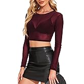 SPSHODOW Women's Mesh Long Sleeve Top See Through Shirt Sexy High Crew Neck Sheer Blouse