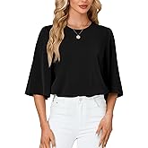 Rooscier Women's Dressy 3/4 Sleeve Tops for Women Crewneck Business Casual Loose Blouse Shirt Black X-Large