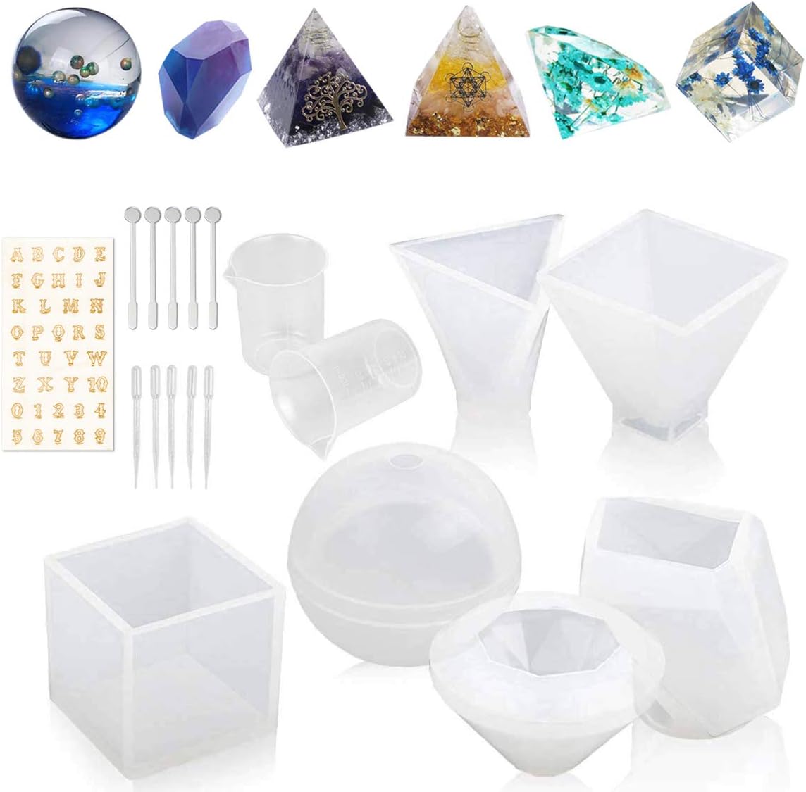 Resin Casting Molds (6 Pack) - DIY Silicone Epoxy Resin Molds Including Spherical, Cubic, Diamond, Pyramid, Triangular Pyramid, Stone Shape Mold with 2 Measurement Cups 5 Sticks 5 Droppers 1 Sticker
