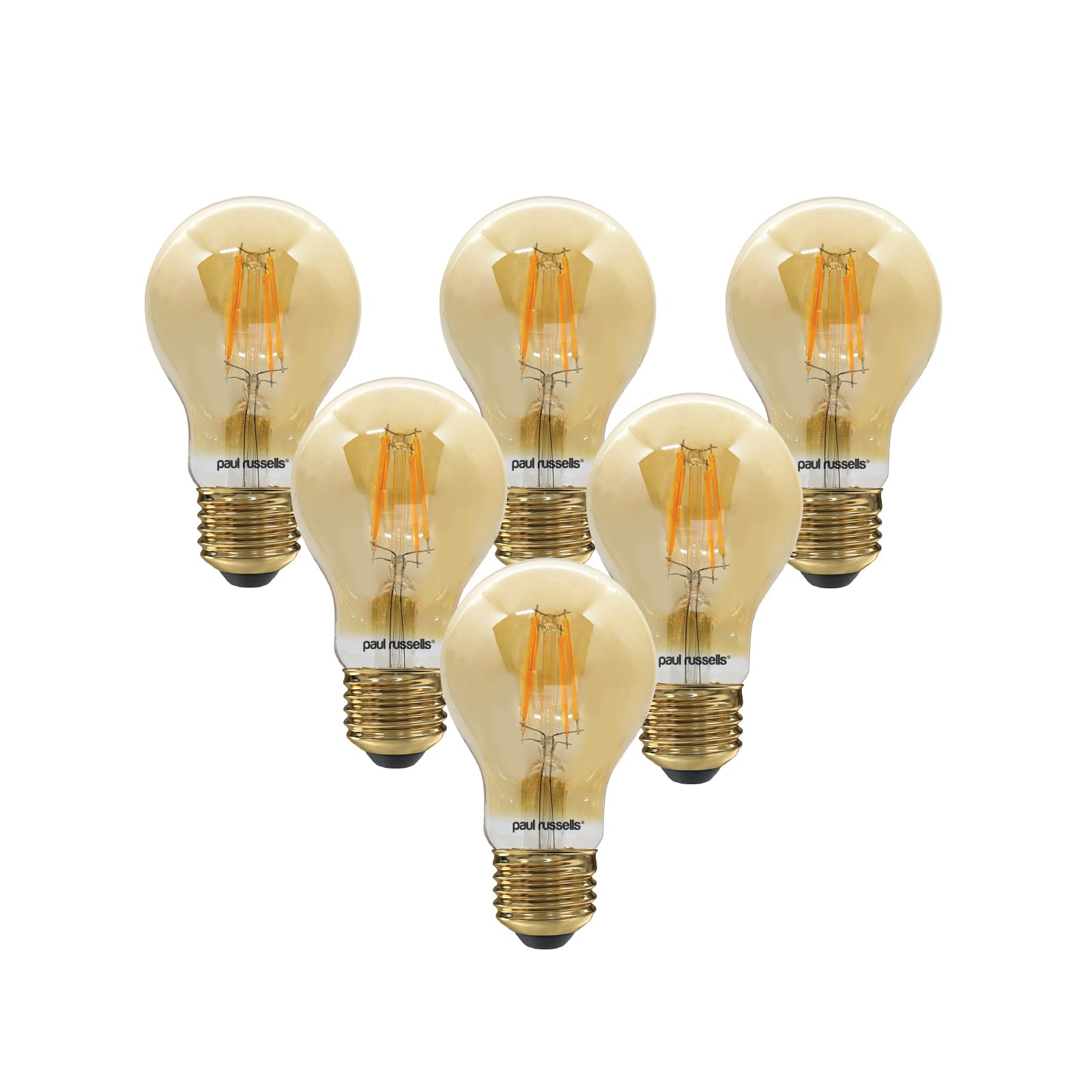 paul russells E27 Edison Screw LED Filament – 7Watt 50W Equivalent 680LM Lumens 2200K ES Standard GLS A60 – Amber Bright Energy Saving Light Non-Dimmable – Extra Warm White Bulbs - Pack of 6