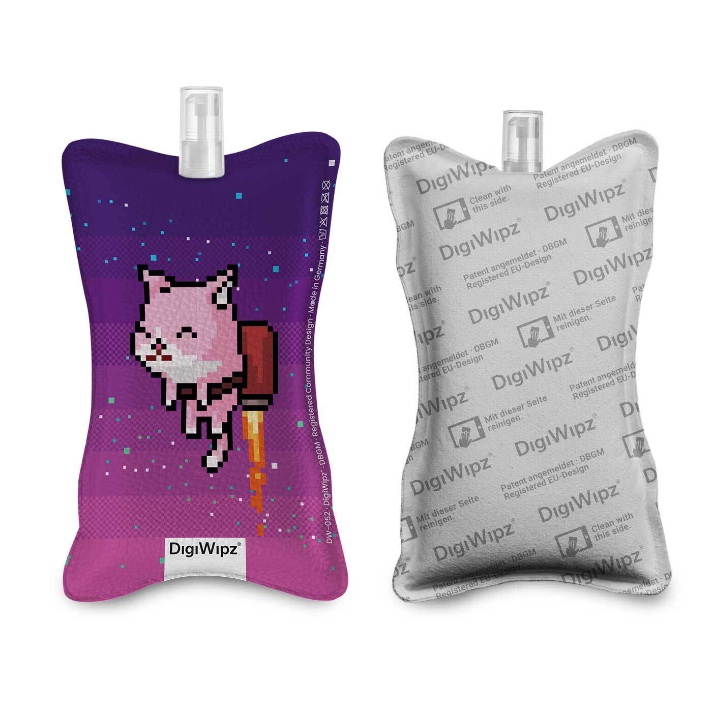 DigiWipz® The ingenious 2-in-1 display cleaner (space cat) - screen cleaner for displays and touchscreens - screen cleaner microfibre sponge with integrated sprayer