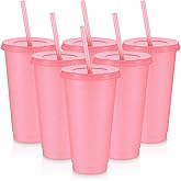 Uiifan 6 Pcs Reusable Tumbler with Lids and Straws Plastic Iced Coffee Tumbler Glitter Travel Mug Cup for Smoothie Juices Birthday Party Cold Drink Coffee Cup Bulk for Adult Kid Women(24 oz,Pink)