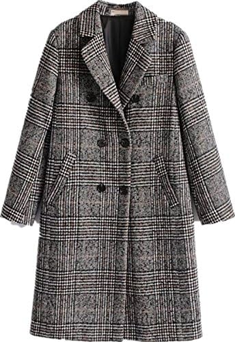 Women Winter Plaid Overcoat Double Breasted Woolen Long Coat Grey