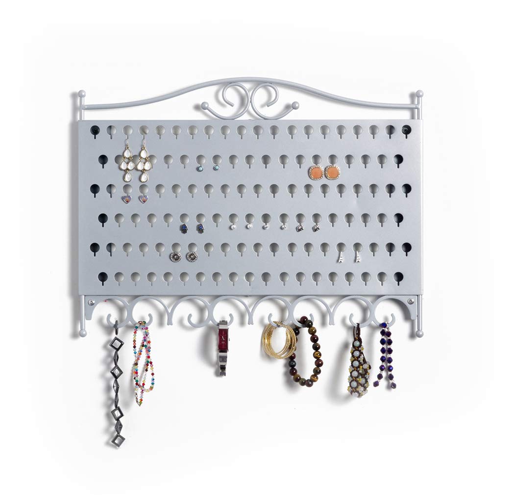 Mango Steam Wall Mounted Closet/Wardrobe Display Hanger Organizer for Jewellery & Earrings with Hooks for Necklaces, Bracelets, Accessories - Silver