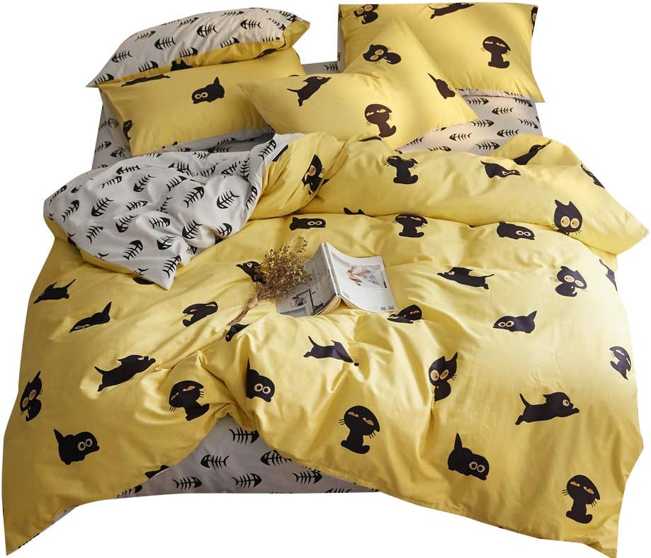 Lovely Kitty Yellow White Twin Kids Bedding Duvet Cover Set Black Cat Pattern 100% Cotton Bedding Collections for Girls Boys Kids Children Teen Adults