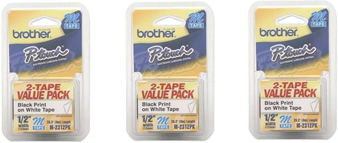 Brother Genuine P-Touch M-2312PK Tape, 2 Pack, 1/2" (0.47") Wide Standard Non-Laminated Tape, Black on White, Recommended for Home and Indoor Use, 0.47" x 26.2' (12mm x 8M), 2-Pack, M2312PK, M231: Office Products